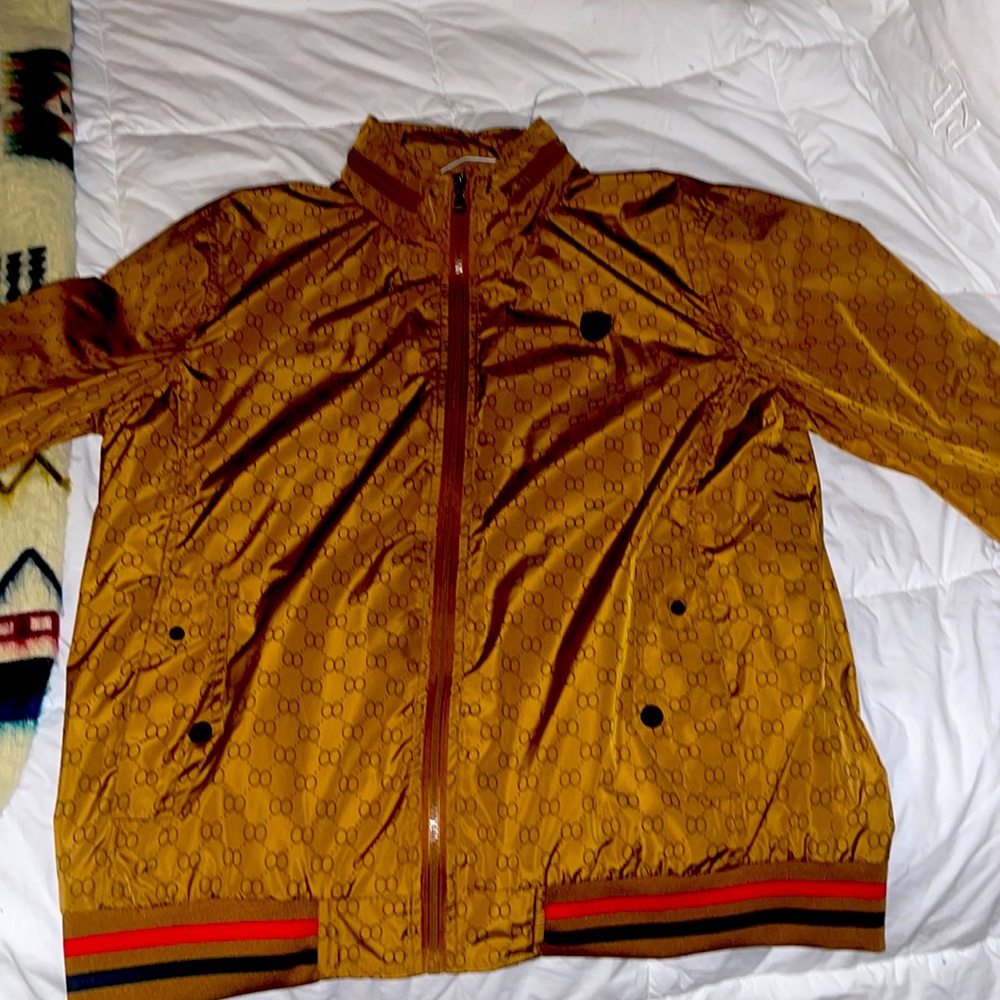 Pavini brown bomber jacket with red and green trim